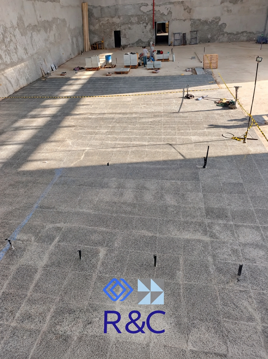 Assentamento de piso de granito em obra em andamento