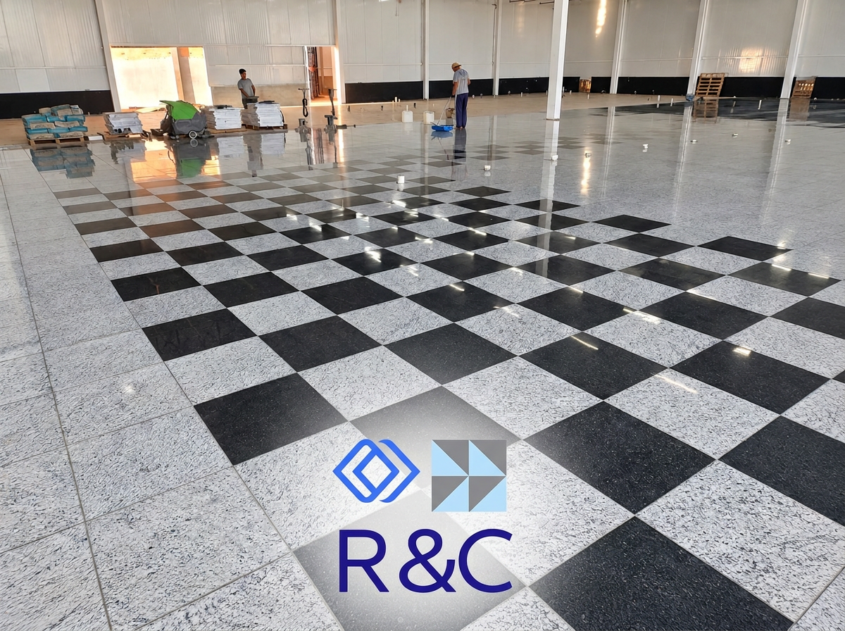 Piso xadrez em granito preto e branco em instalação