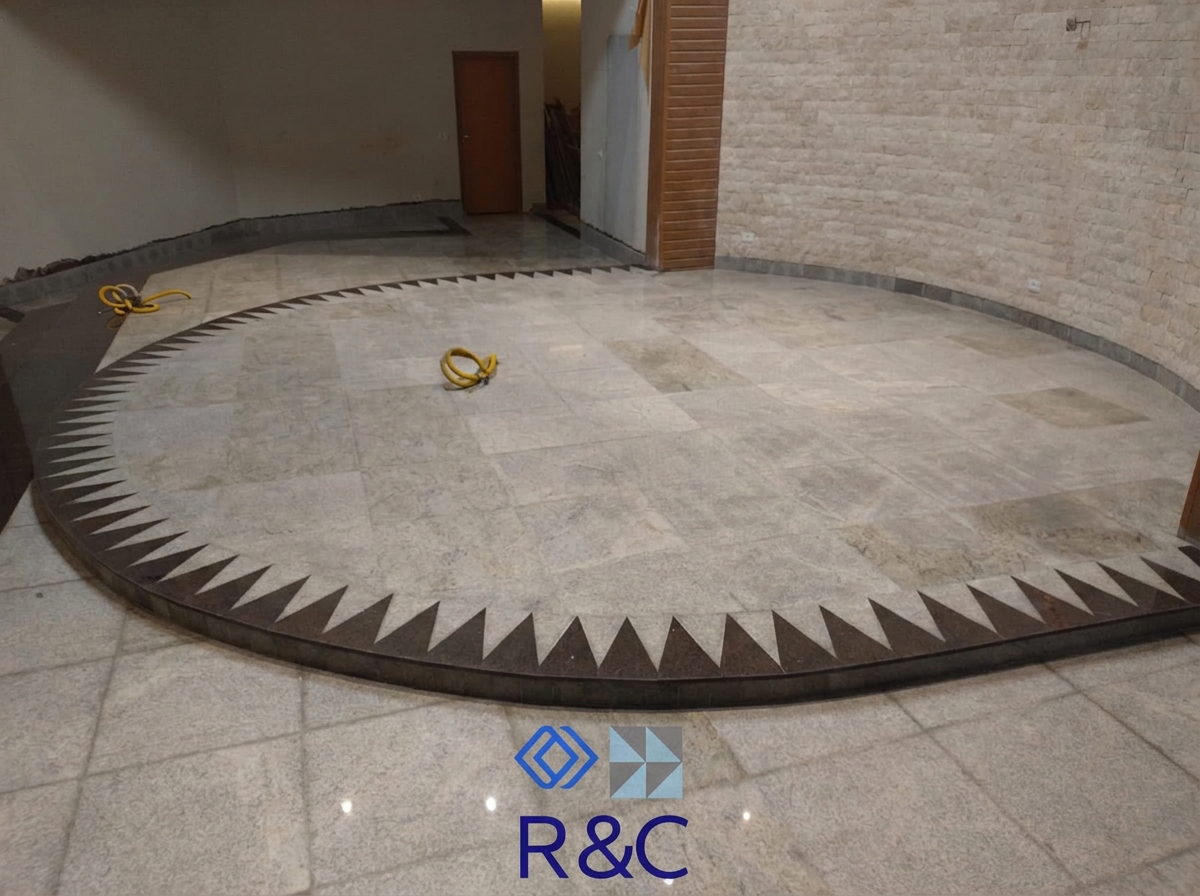 Piso circular com paginação geométrica em pedras naturais