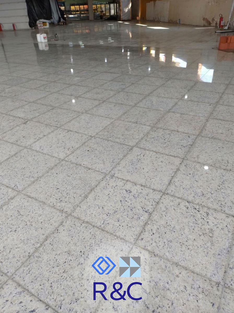 Piso de granito branco polido em área comercial